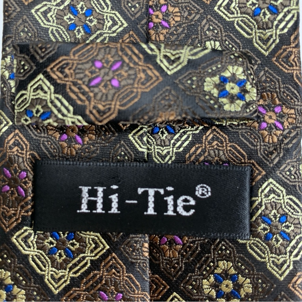 Hi-Tie Tie Men's 100%‎ Silk Brown Tone Geometric 3.25"